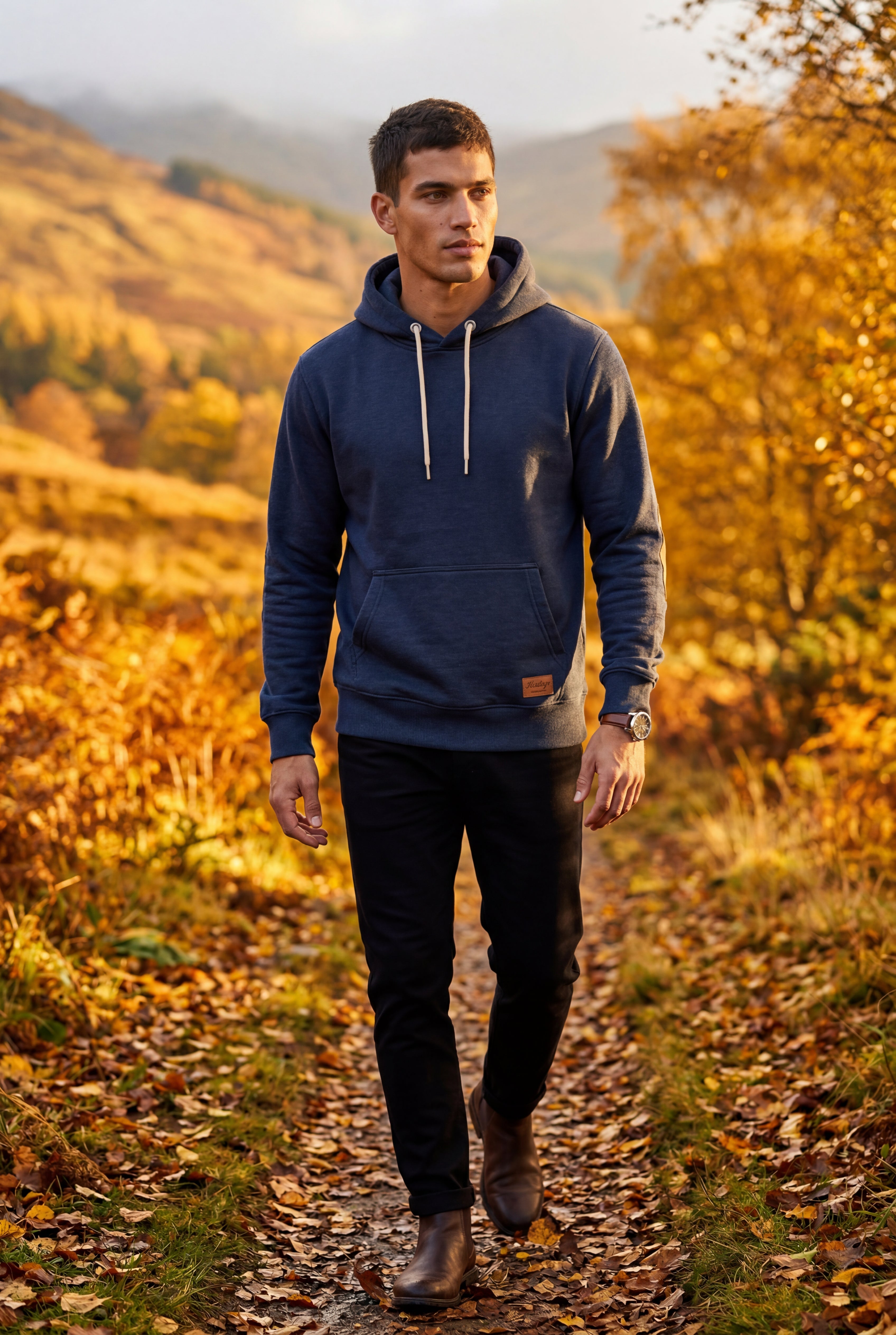Liam | Contrast Elbow Patch Pullover Hoodie with Drawstring Hood