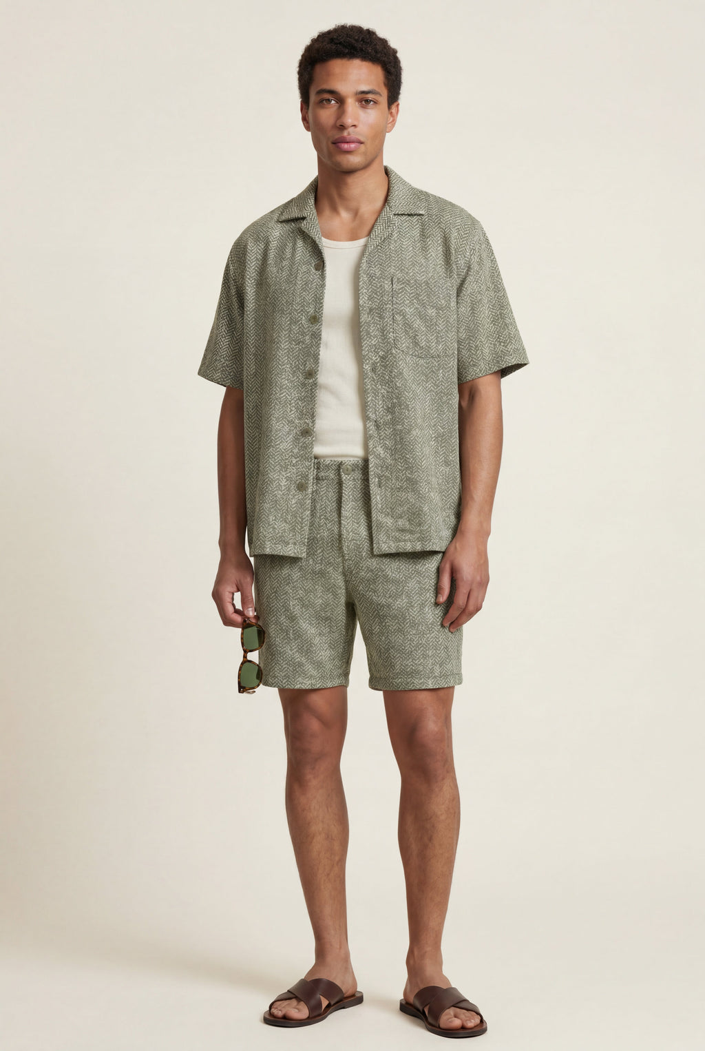Liam | Sage Green Micro Print Relaxed Fit Shirt and Shorts Set