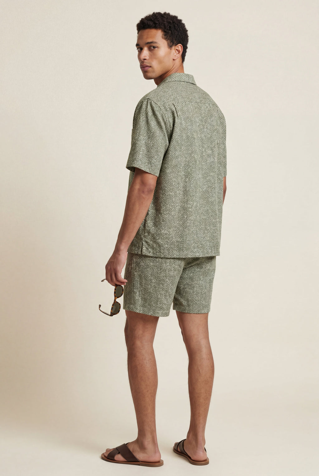 Liam | Sage Green Micro Print Relaxed Fit Shirt and Shorts Set