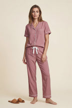 Lia | Contrast Piping Short Sleeve Pajama Set with Bow Waistband