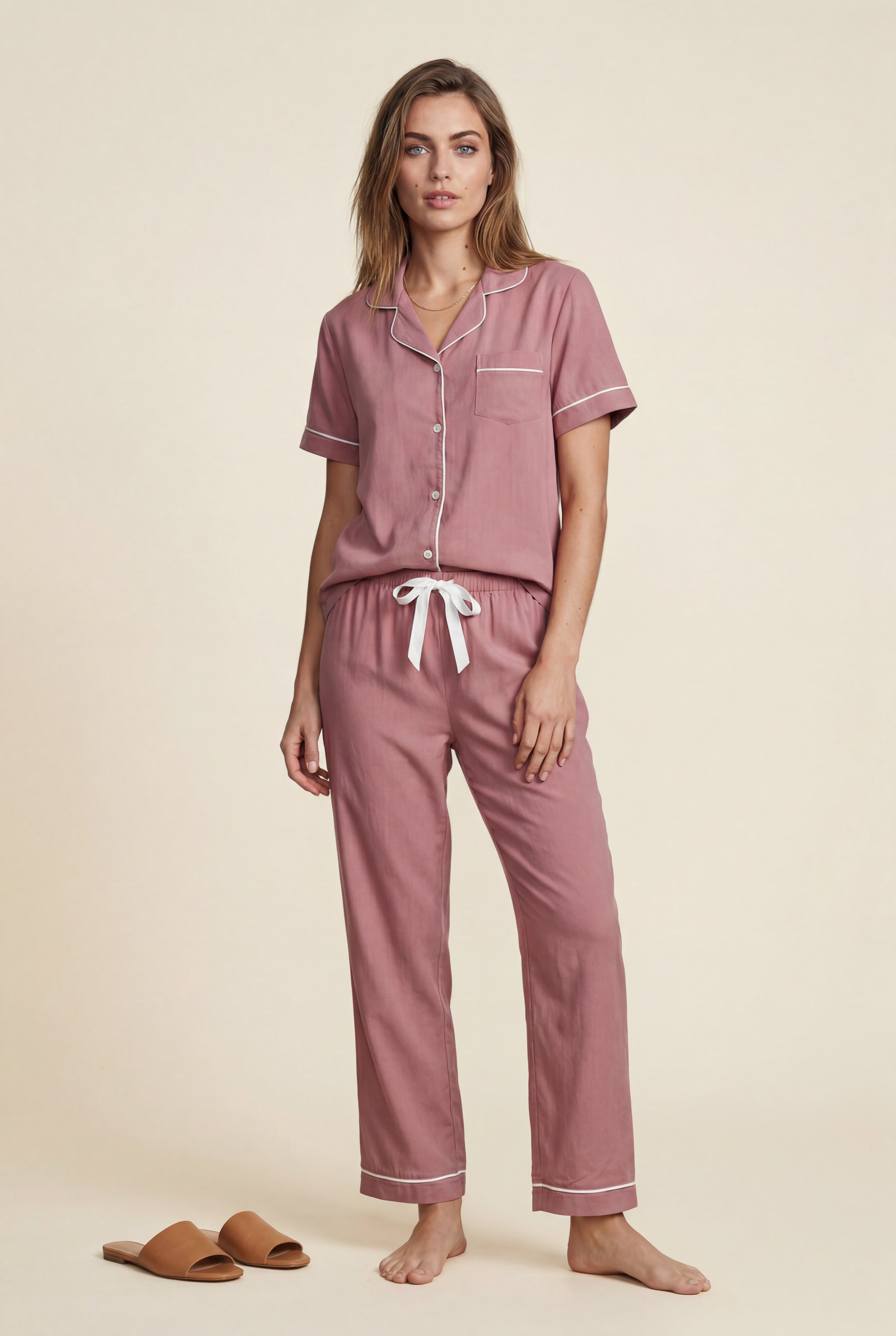 Lia | Contrast Piping Short Sleeve Pajama Set with Bow Waistband