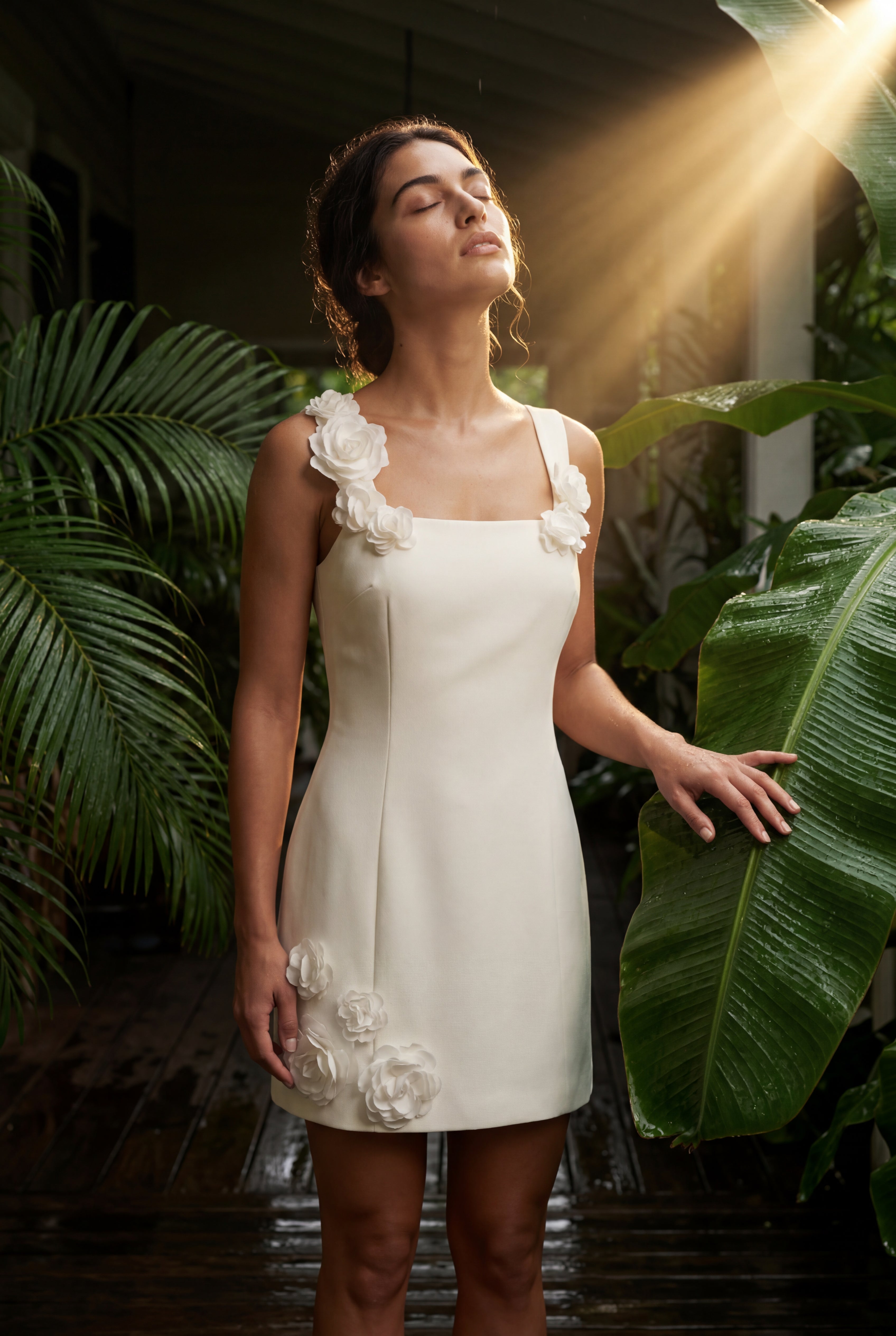 Elcevi | Floral Appliqué Square Neck Fitted Mini Dress For Women
