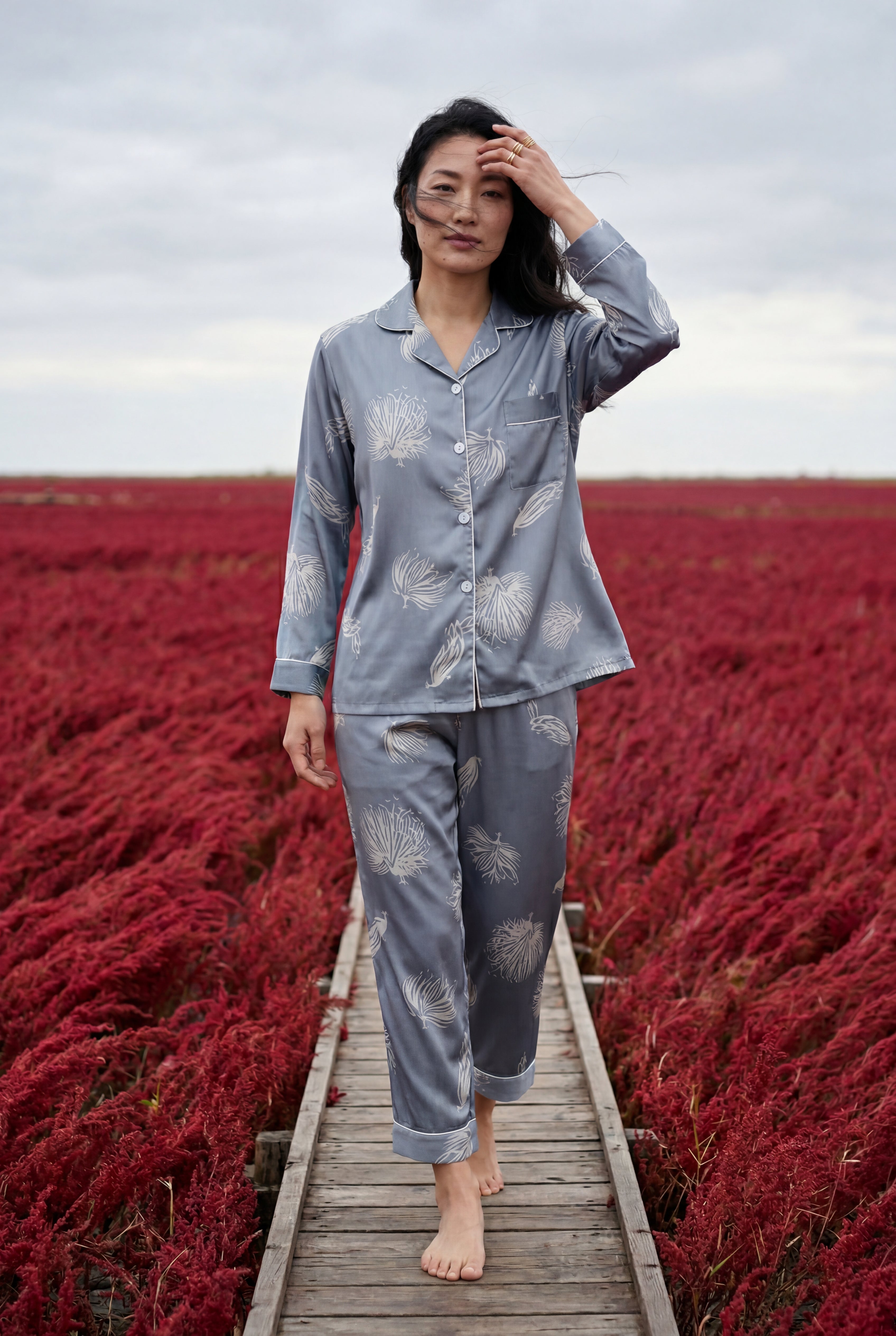 Lia | Floral Print Pajama Set with Button-up Blouse