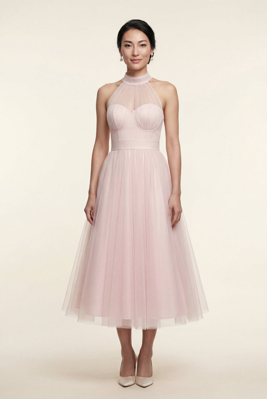 Alyssa | Pleated Halter Neck Midi Dress with Open Back Detail For Women