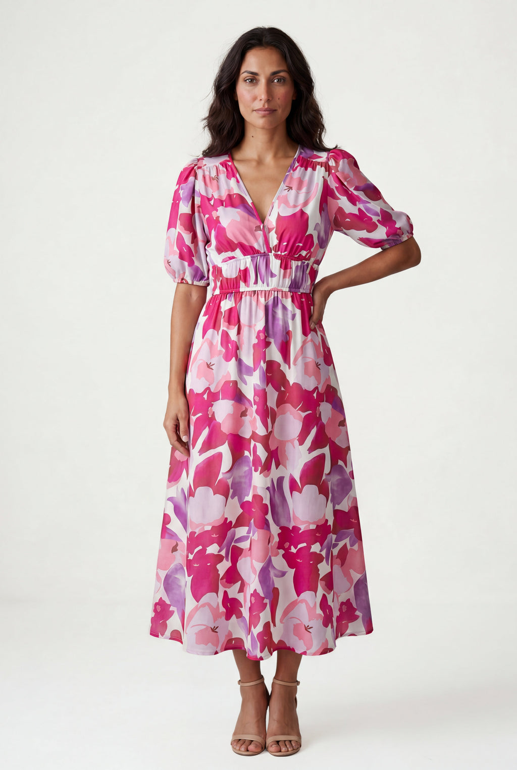 Alyssa | Puff Sleeve V-neck Midi Dress with Elastic Waist For Women