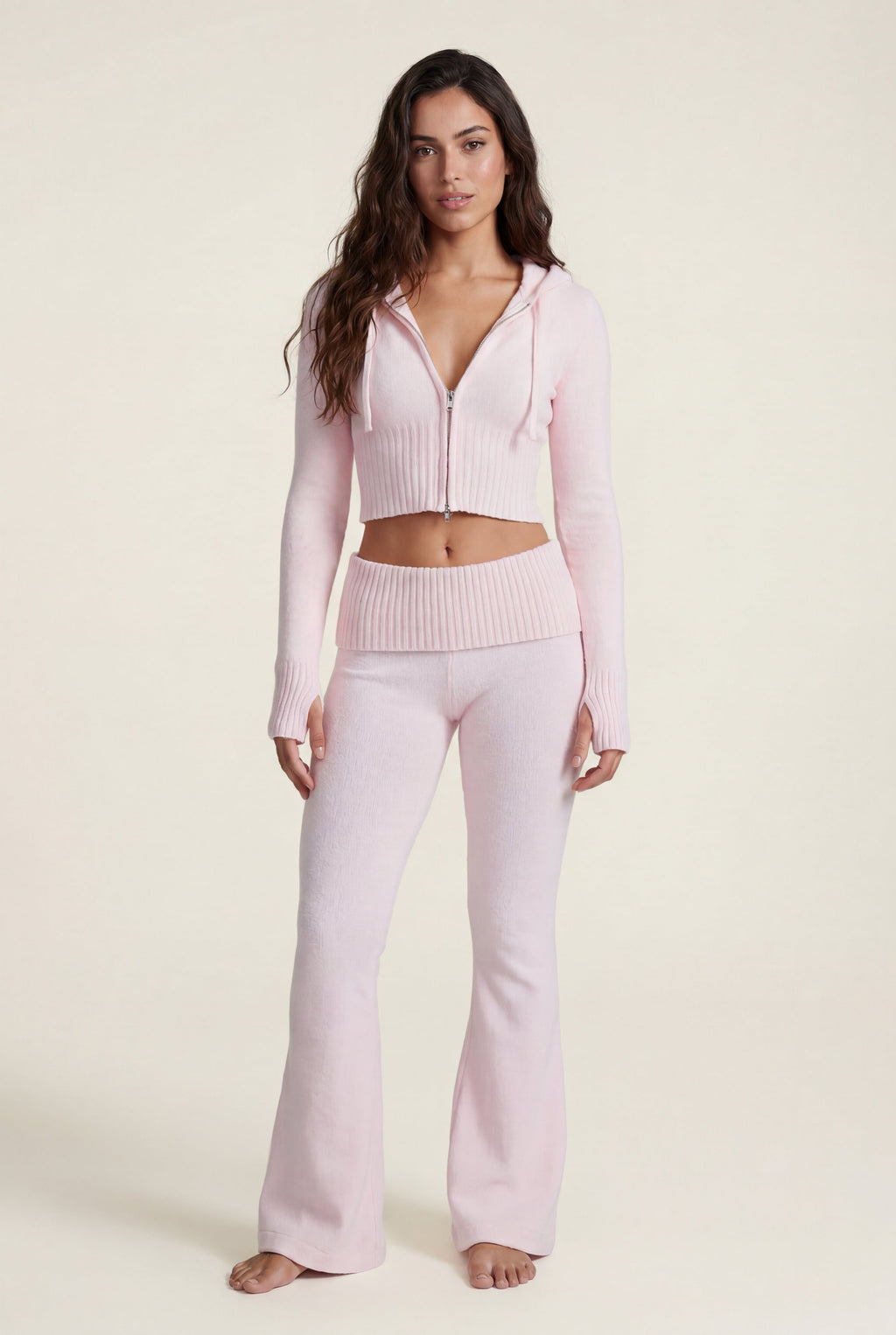 Lia | Ribbed Cropped Hoodie and Flared Pants Lounge Set