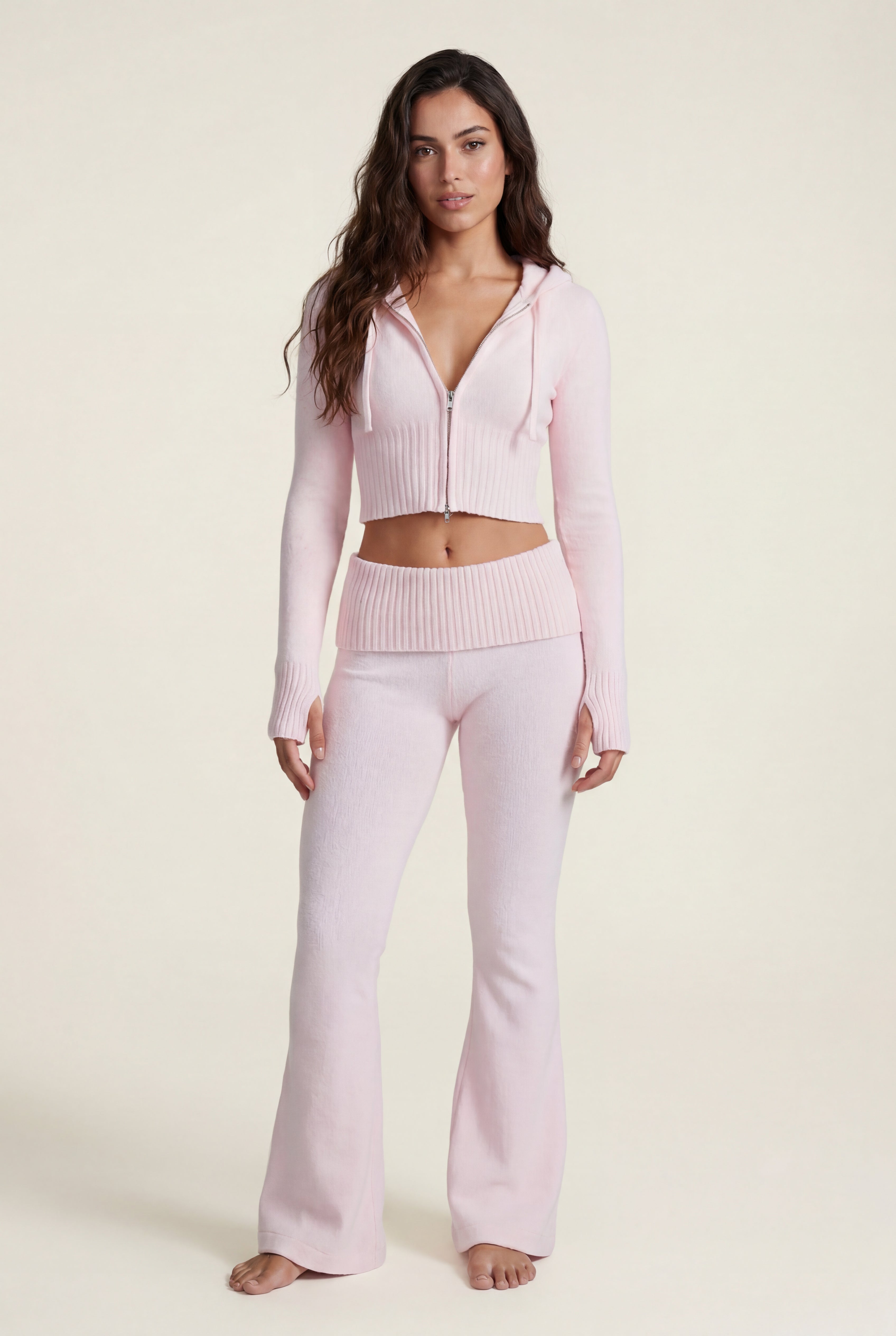 Lia | Ribbed Cropped Hoodie and Flared Pants Lounge Set