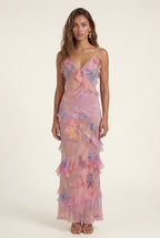 Elcevi | Sheer Ruffled Tiered Maxi Slip Dress For Women
