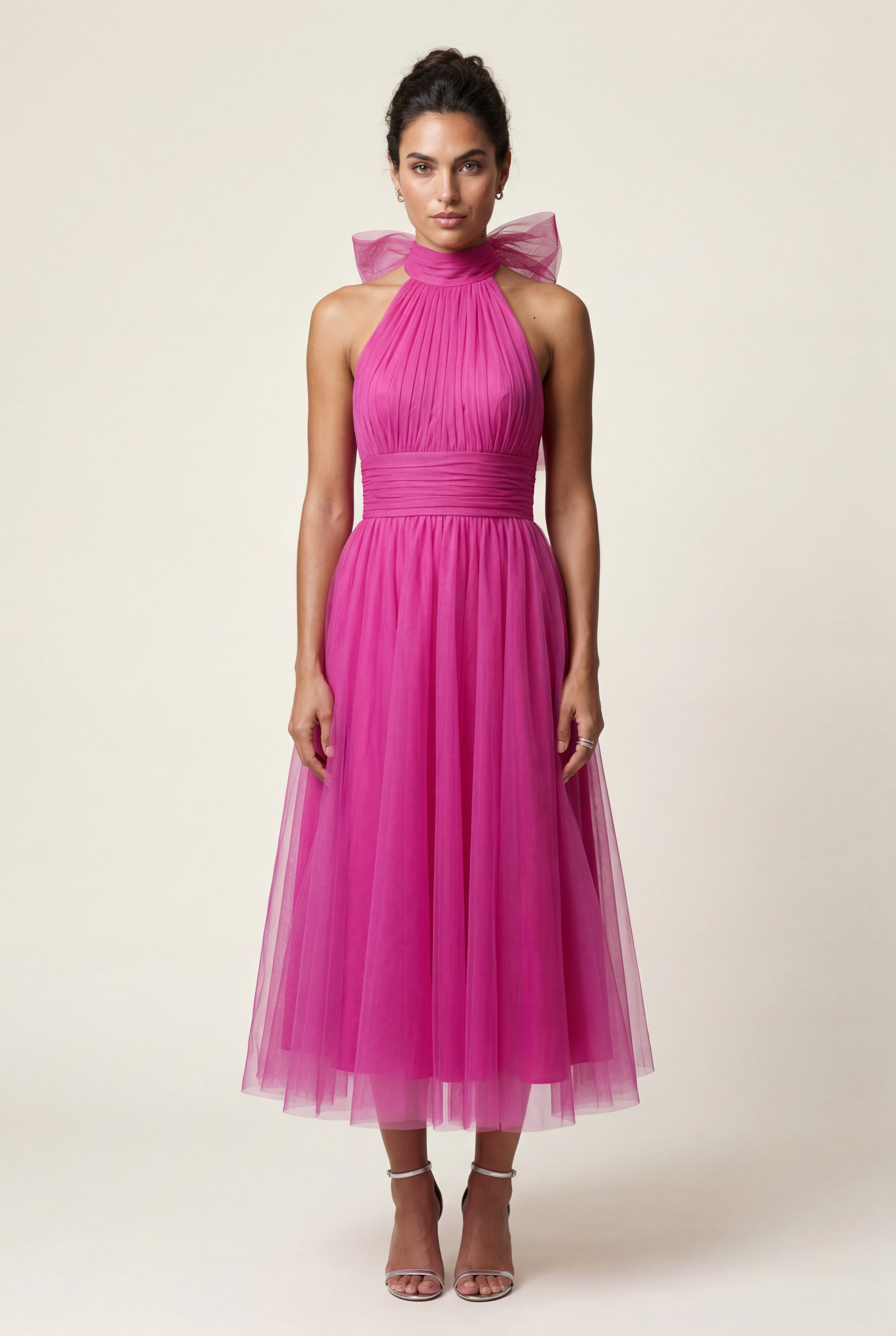 Alyssa | Pleated Halter Neck Midi Dress with Open Back Detail For Women