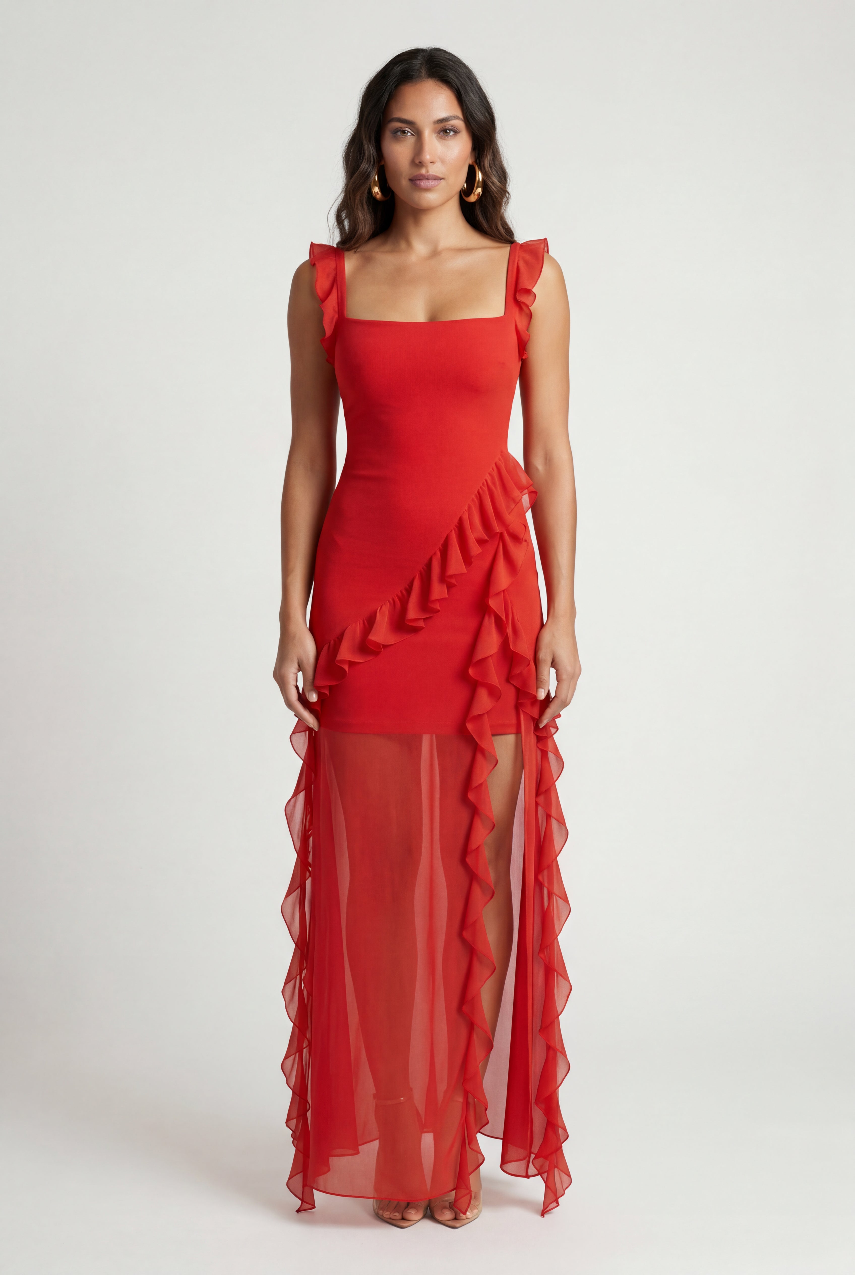 Elcevi | Asymmetric Ruffle Maxi Dress with High Slit For Women