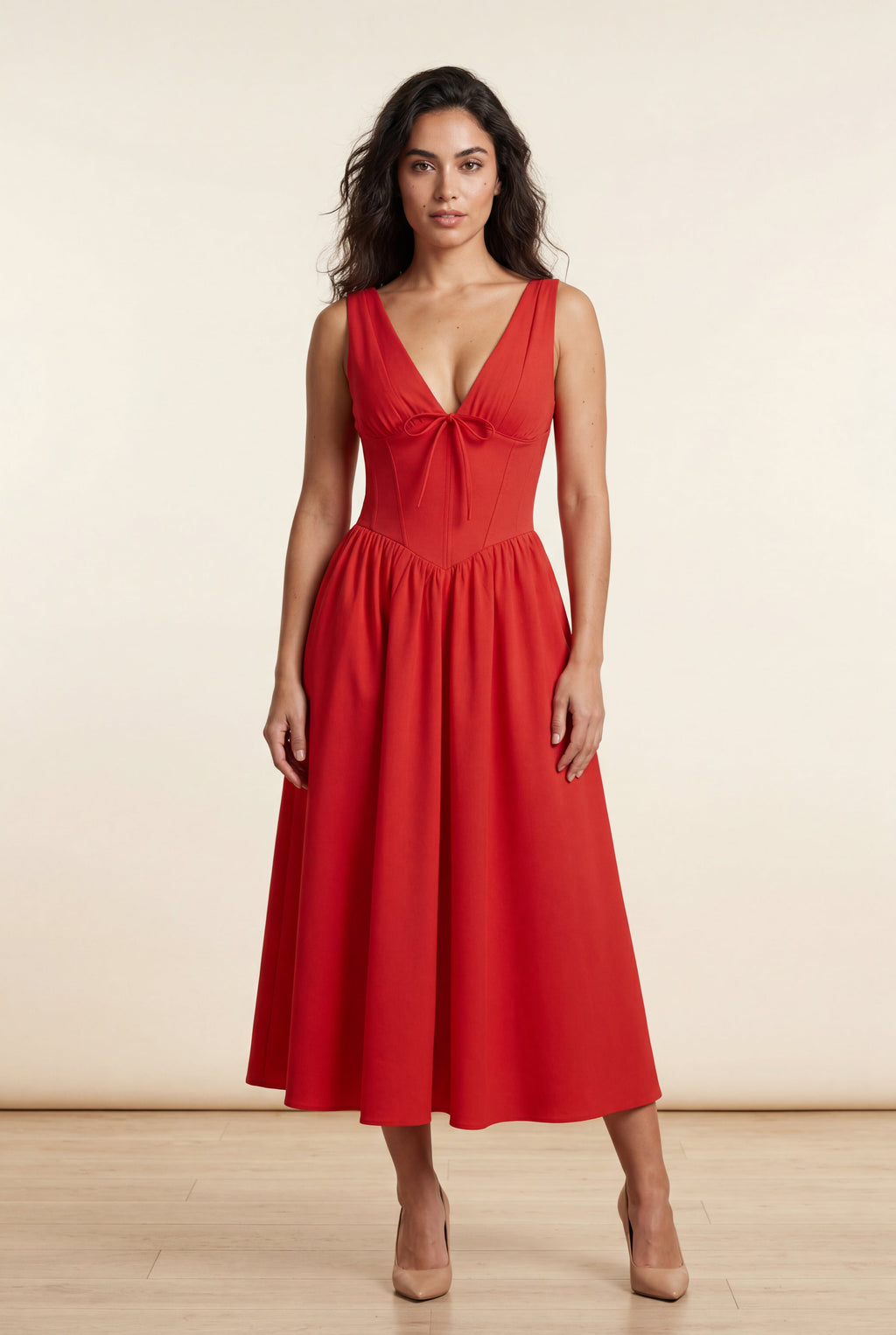 Alyssa | Corset Bodice Sleeveless Midi Dress with Tie Front For Women
