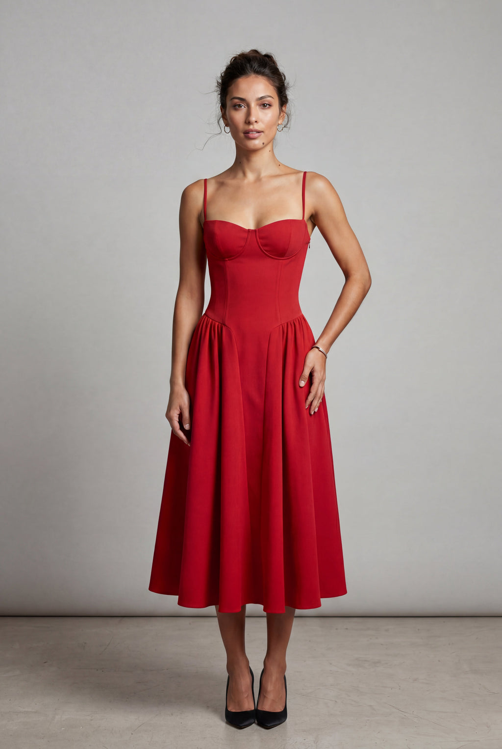 Elcevi | Floral Corset Bodice Midi Dress with Spaghetti Straps For Women