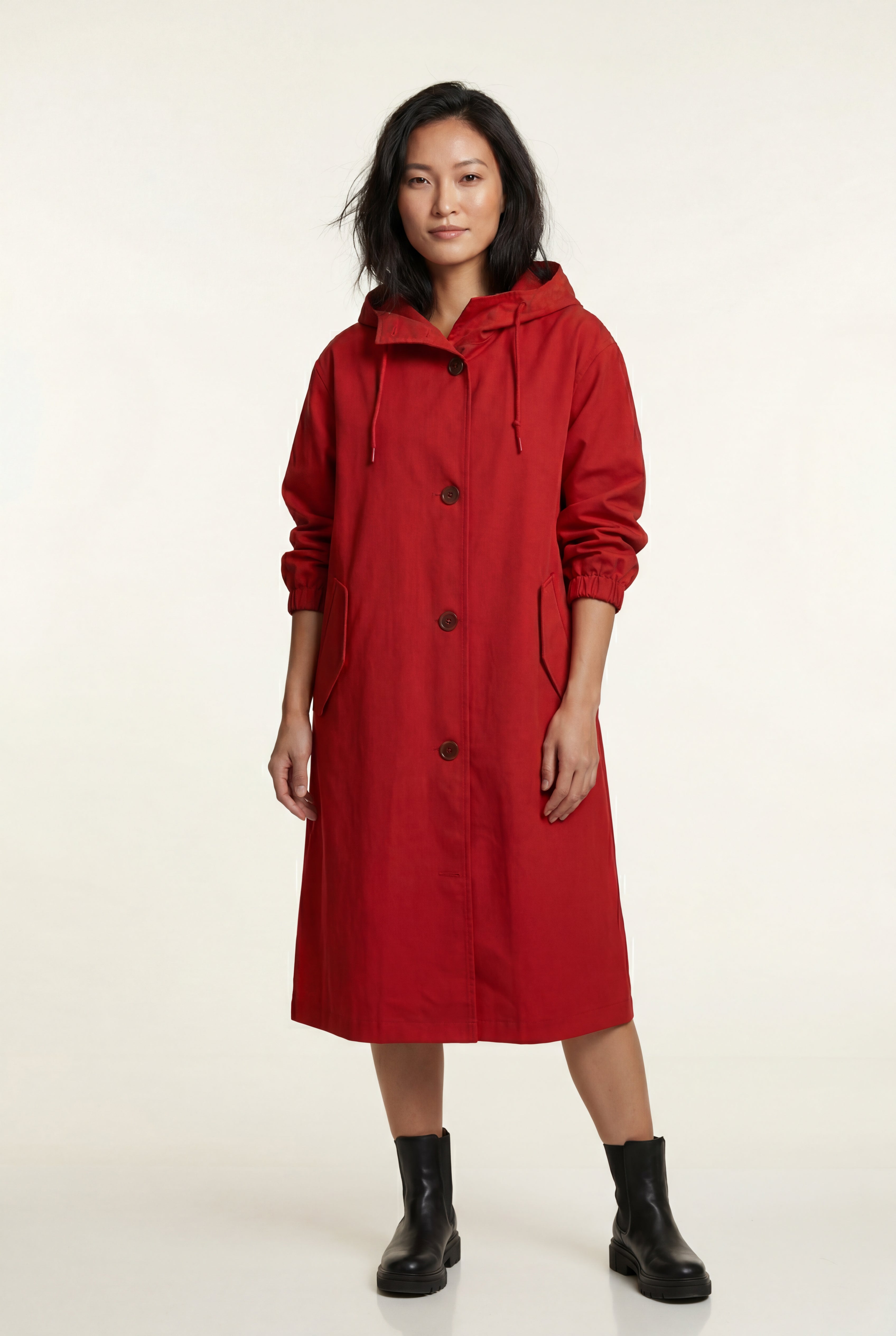 Hooded Snap Button Long Parka Coat with Adjustable Waist | Elcevi