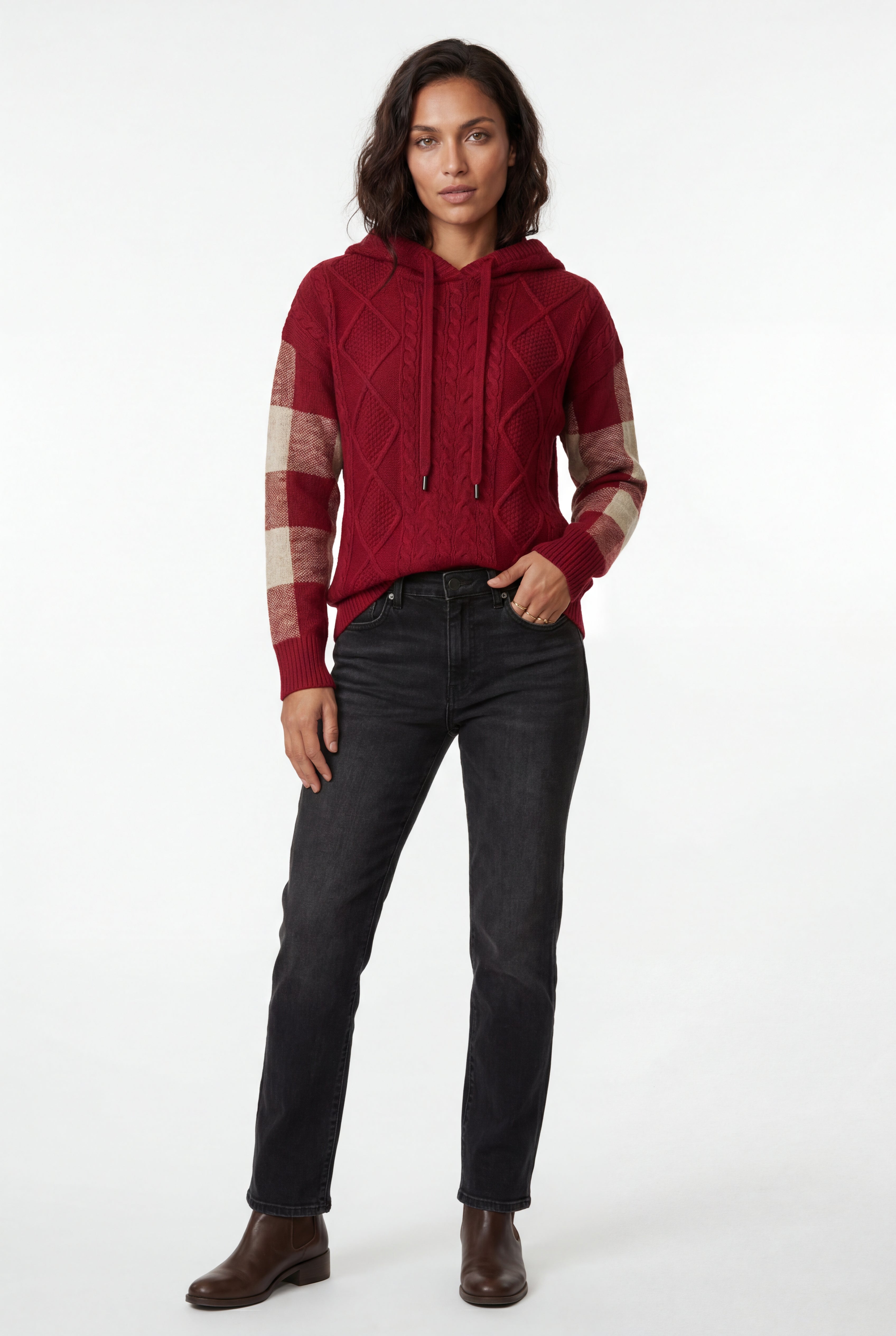 Lia | Oversized Cable Hoodie with Checked Sleeves