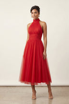 Alyssa | Pleated Halter Neck Midi Dress with Open Back Detail For Women