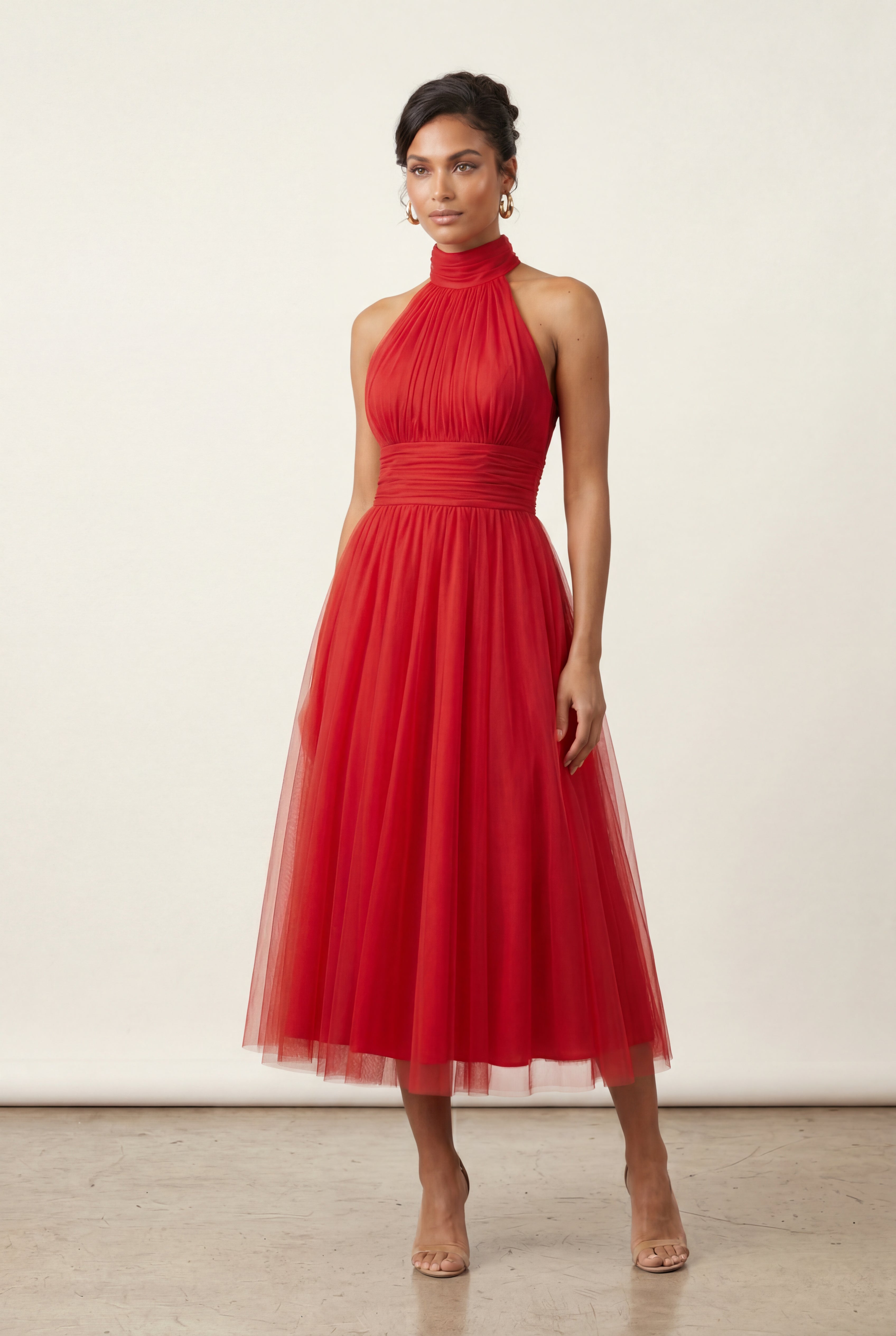 Alyssa | Pleated Halter Neck Midi Dress with Open Back Detail For Women