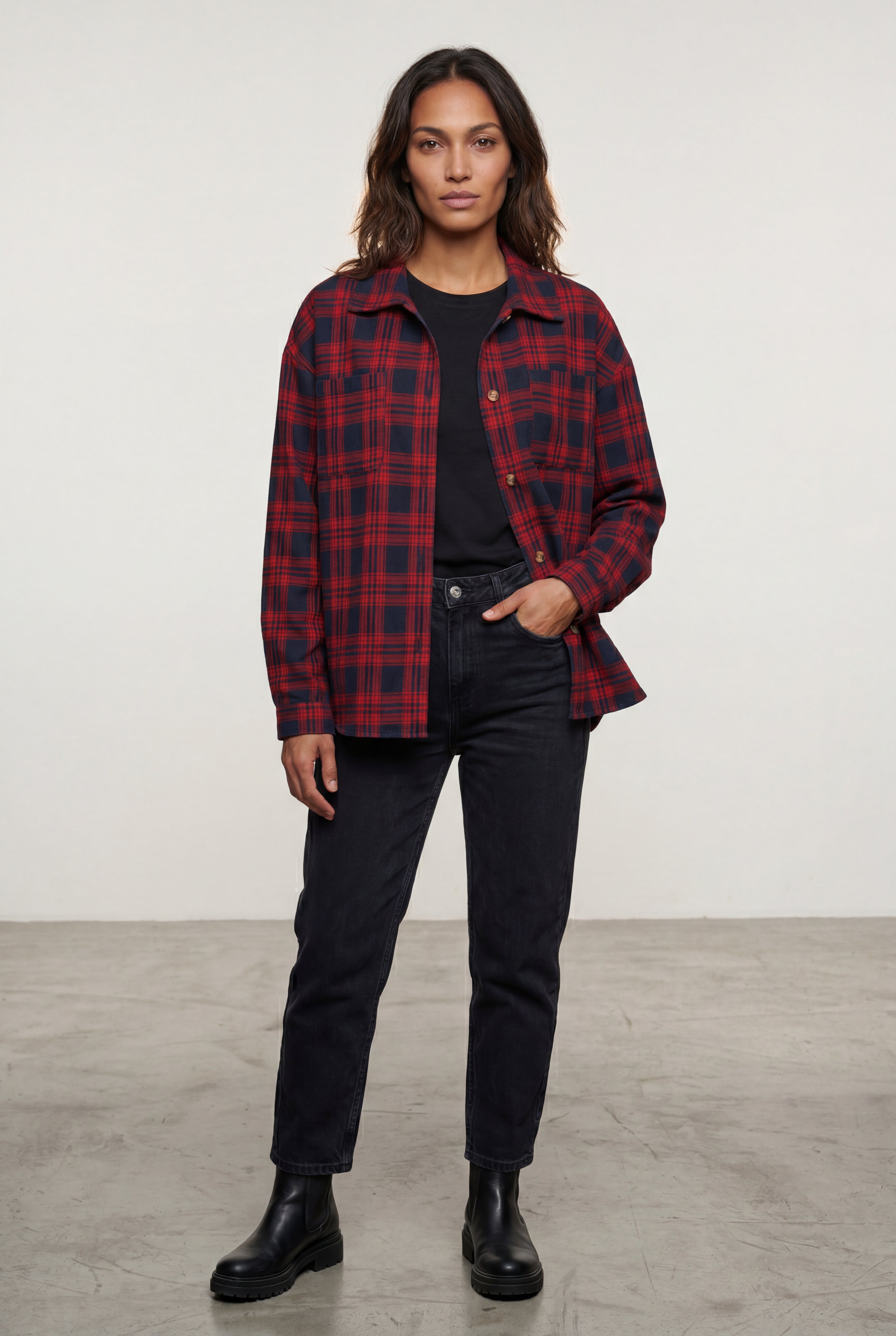 Relaxed Fit Checked Long Sleeve Shirt with Classic Collar