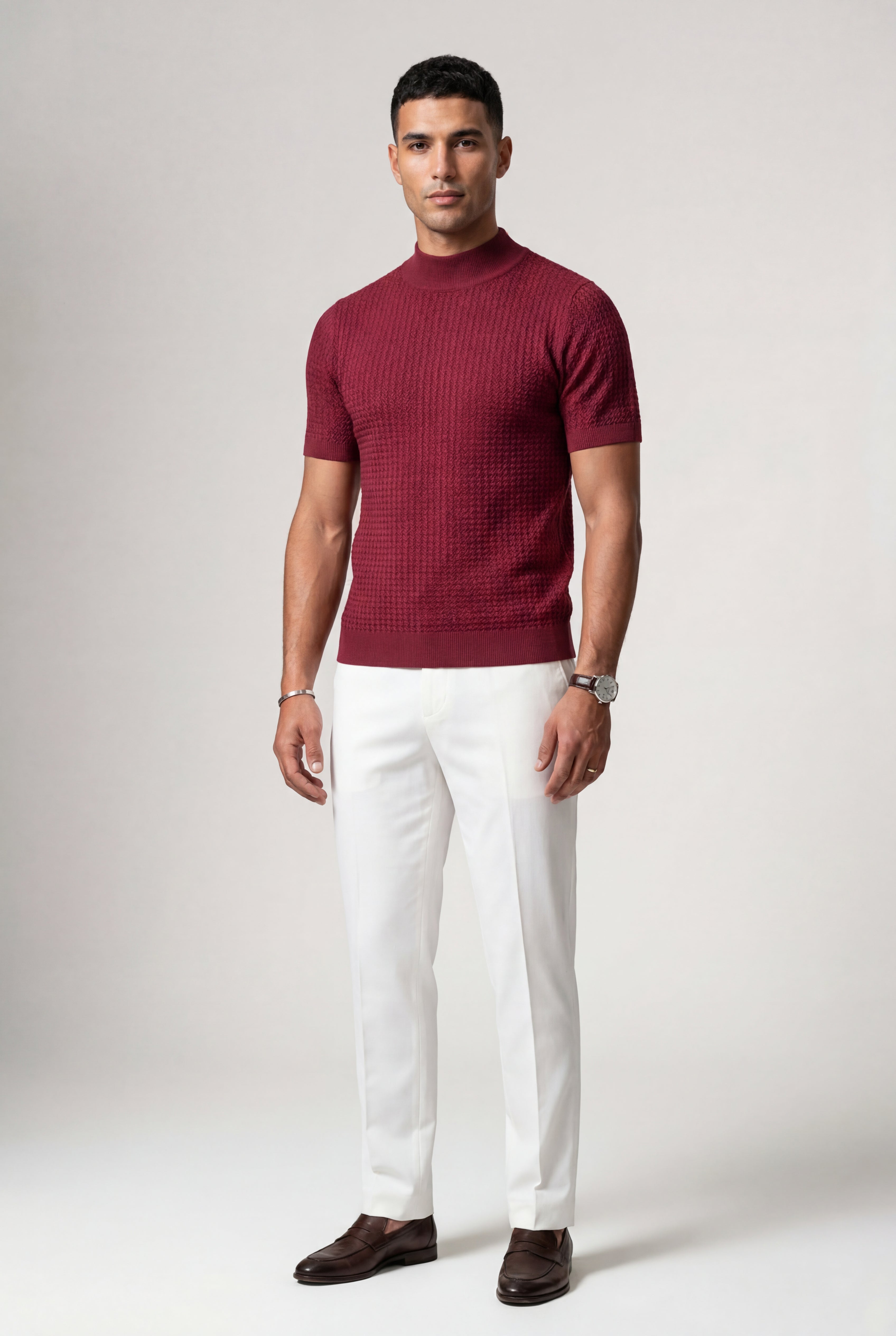 Ribbed Mock Neck Short Sleeve Sweater Shirt | James
