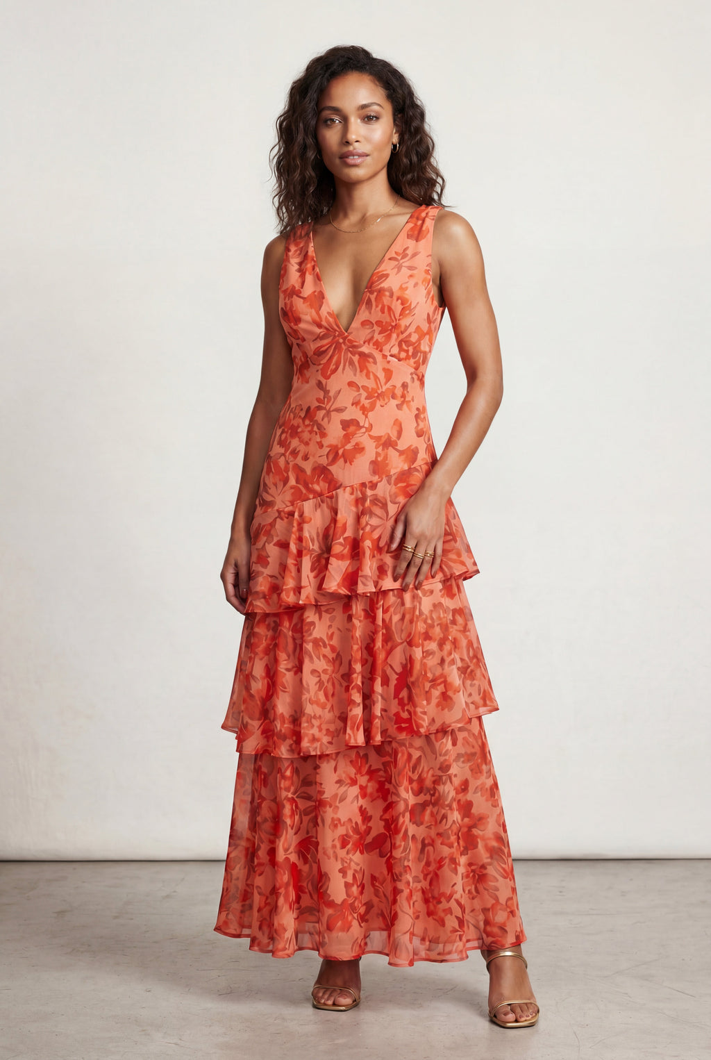 Elcevi | Tiered Floral Maxi Dress with Deep V-neckline For Women