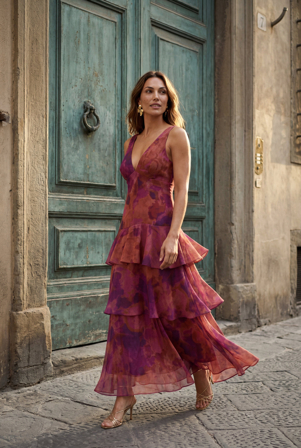 Elcevi | Tiered Floral Maxi Dress with Deep V-neckline For Women