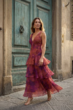 Elcevi | Tiered Floral Maxi Dress with Deep V-neckline For Women