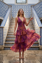 Elcevi | Tiered Floral Maxi Dress with Deep V-neckline For Women