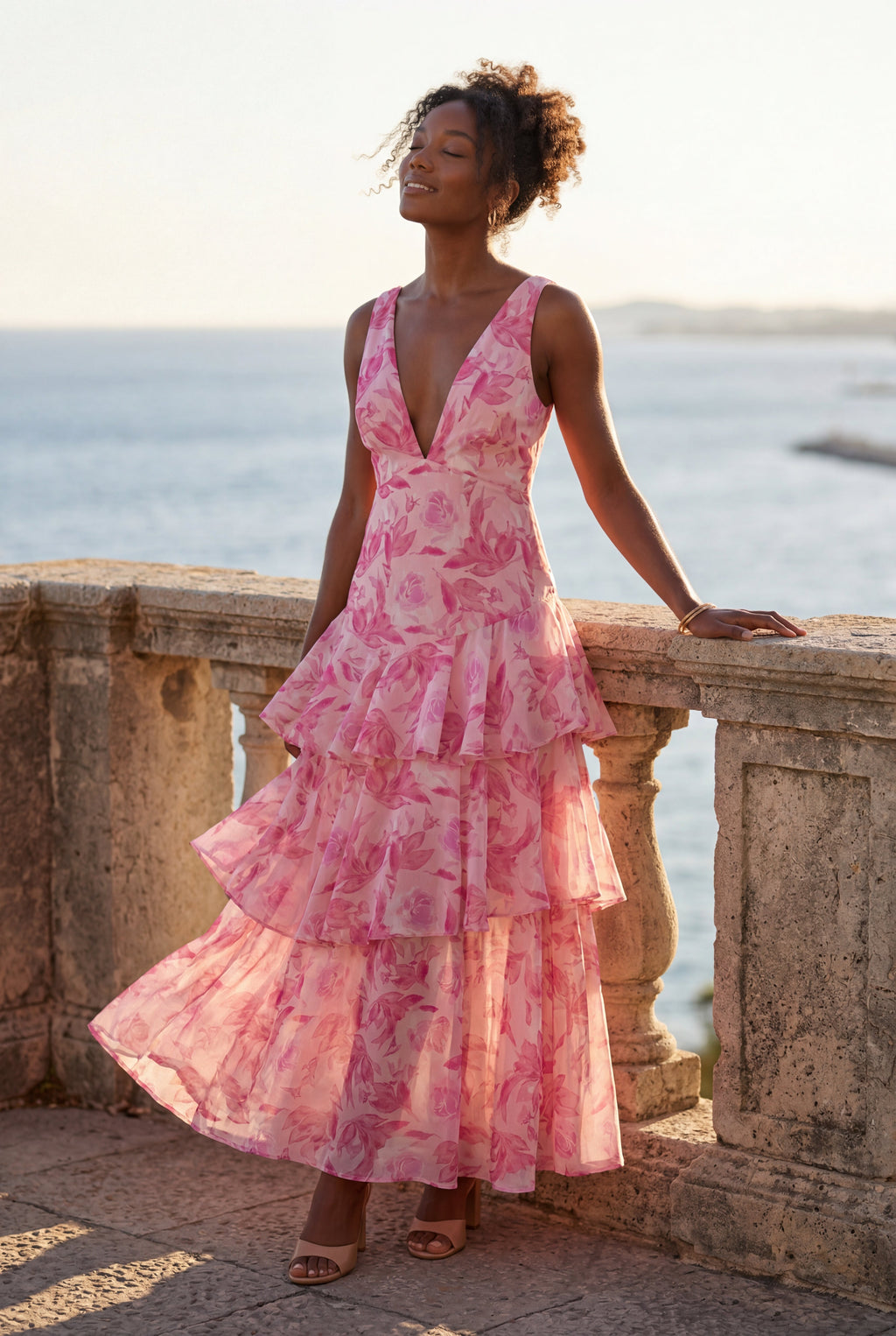 Elcevi | Tiered Floral Maxi Dress with Deep V-neckline For Women