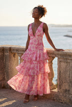 Elcevi | Tiered Floral Maxi Dress with Deep V-neckline For Women