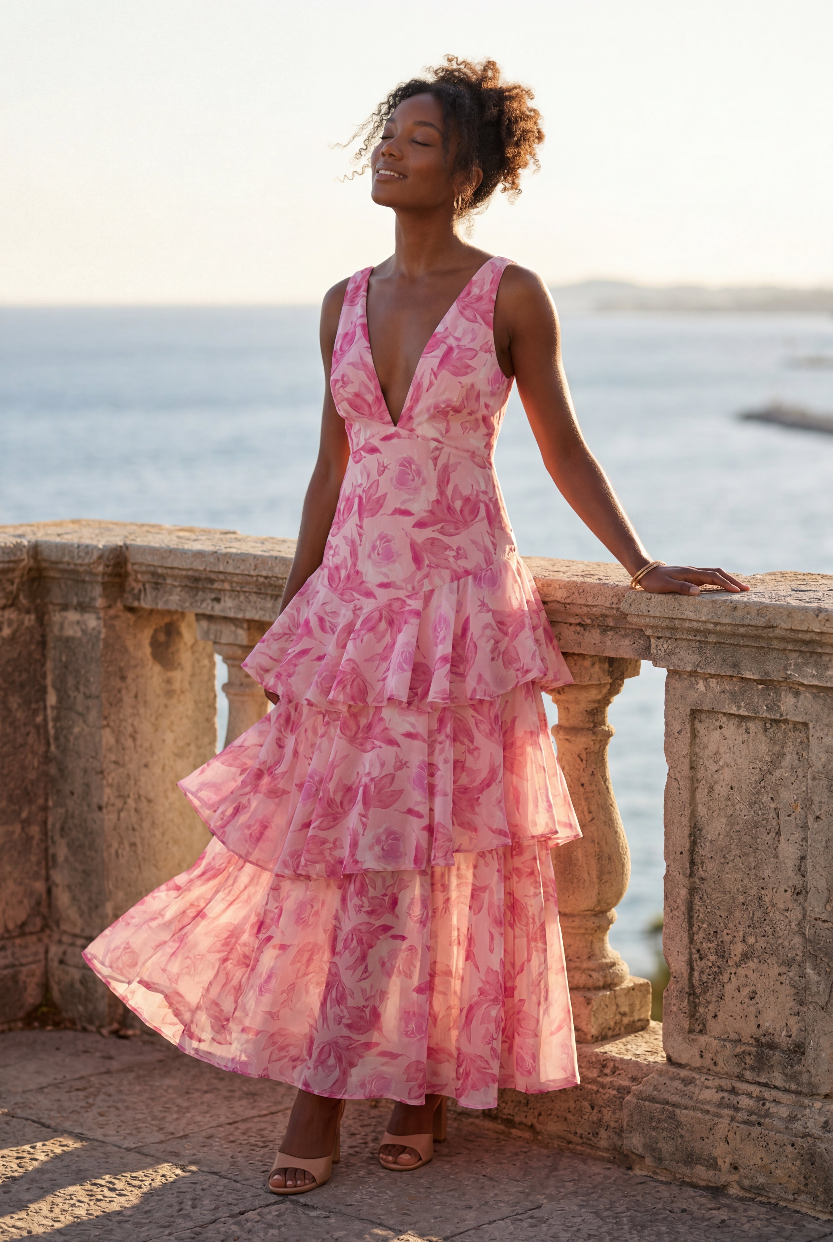 Elcevi | Tiered Floral Maxi Dress with Deep V-neckline For Women