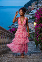 Elcevi | Tiered Floral Maxi Dress with Deep V-neckline For Women