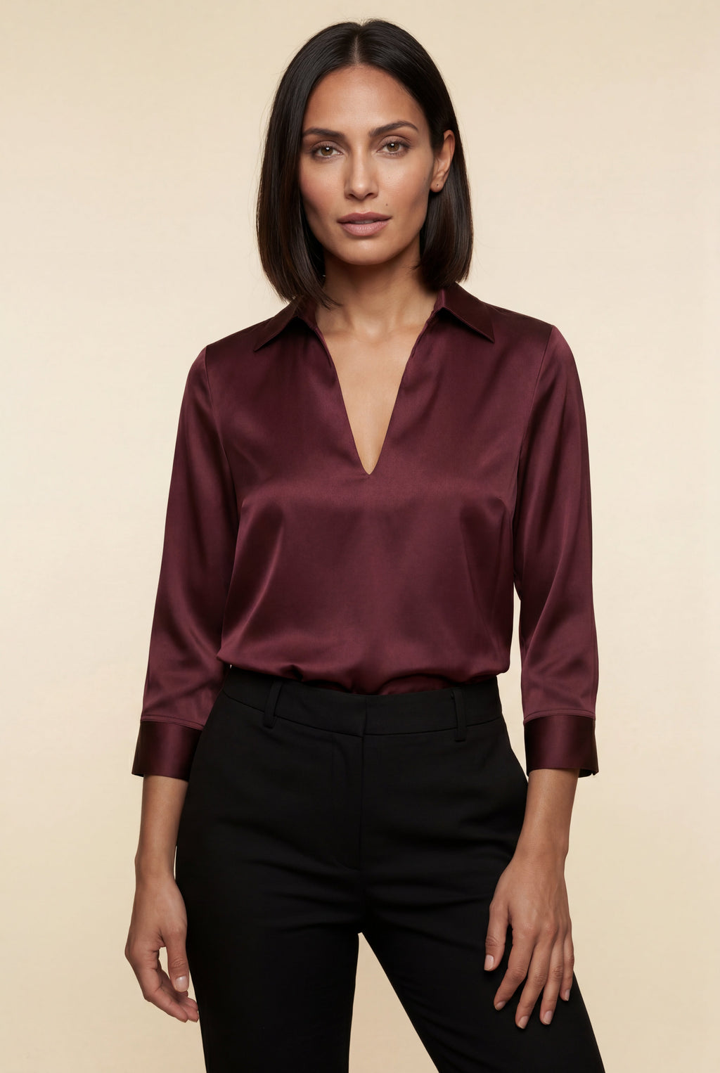 Elcevi | V-neck Relaxed-fit Blouse with Curved Hem For Women