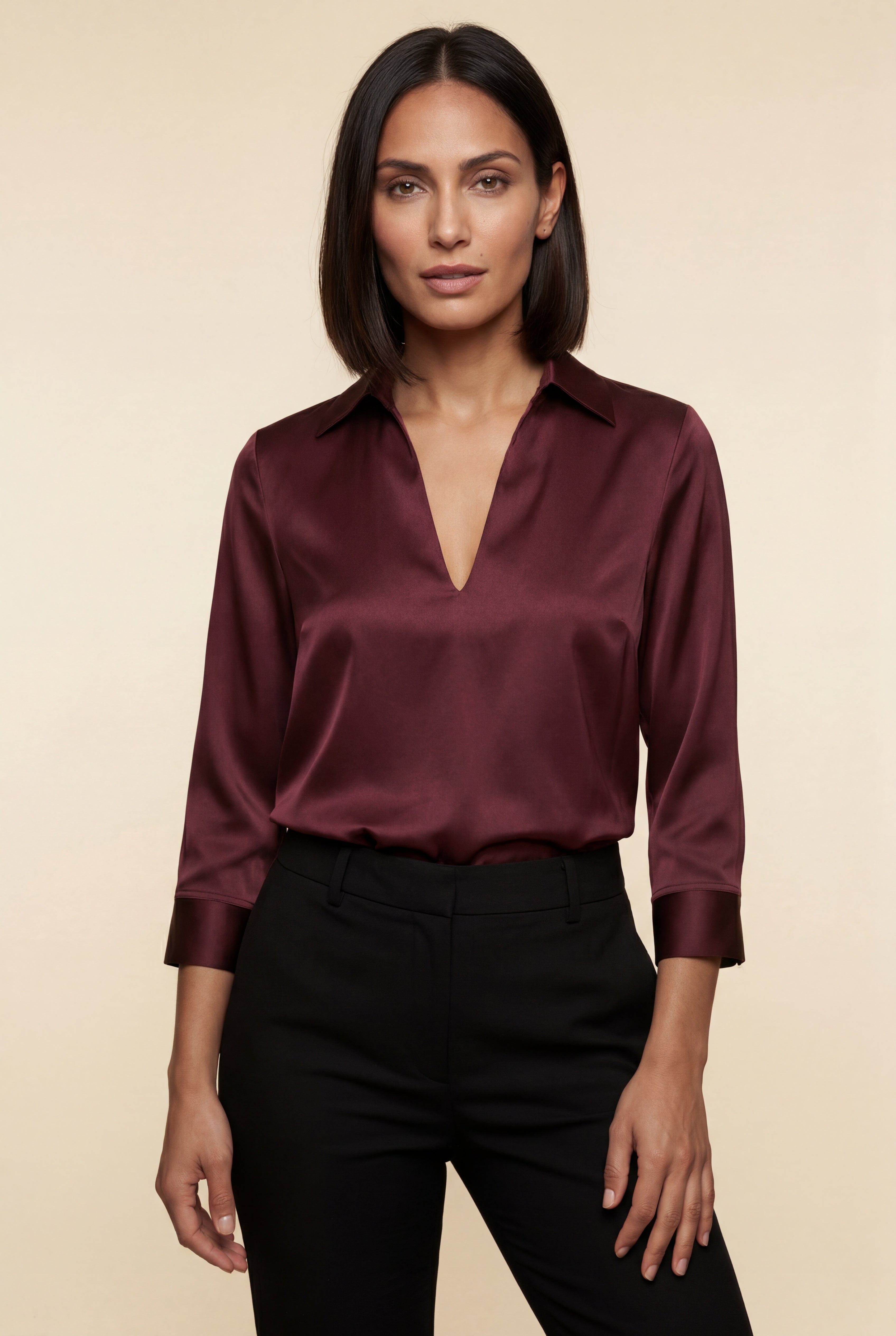 Elcevi | V-neck Relaxed-fit Blouse with Curved Hem For Women
