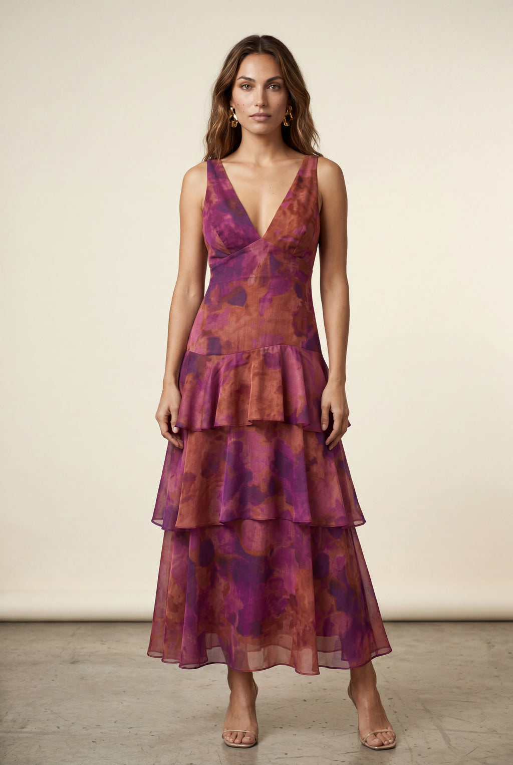 Elcevi | Tiered Floral Maxi Dress with Deep V-neckline For Women