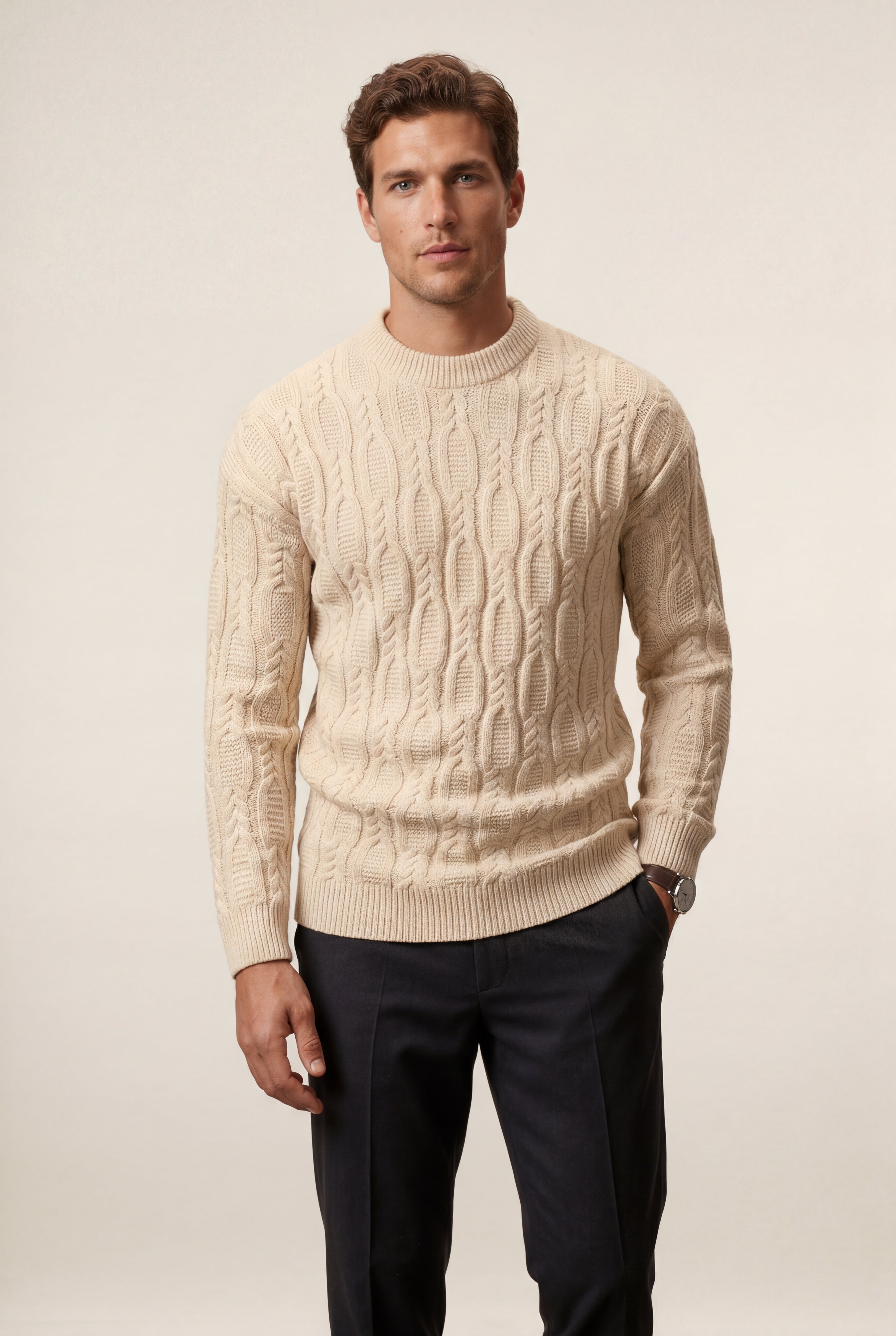 Chunky Cable Crewneck Sweater with Ribbed Hem | Liam