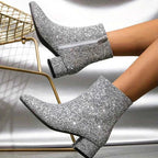 Lia | Glitter Block Heel Ankle Boots with Side Zip