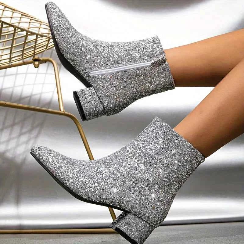 Lia | Glitter Block Heel Ankle Boots with Side Zip