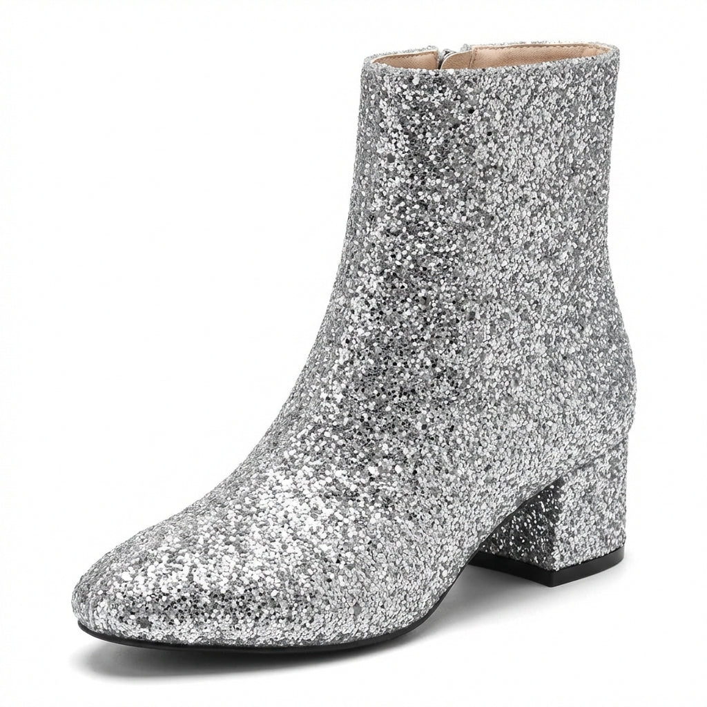Lia | Glitter Block Heel Ankle Boots with Side Zip