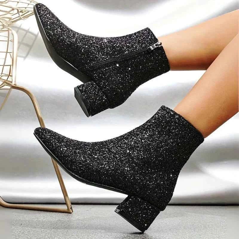 Lia | Glitter Block Heel Ankle Boots with Side Zip