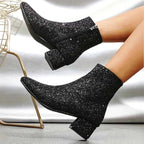 Lia | Glitter Block Heel Ankle Boots with Side Zip