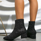 Lia | Glitter Block Heel Ankle Boots with Side Zip