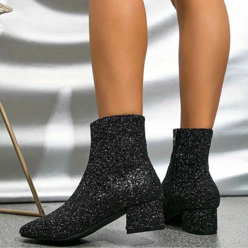 Lia | Glitter Block Heel Ankle Boots with Side Zip