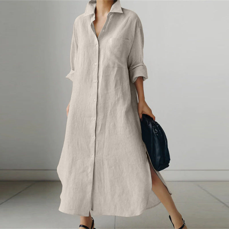 Lia | Women's Long Sleeve Split Casual Linen Maxi Dress