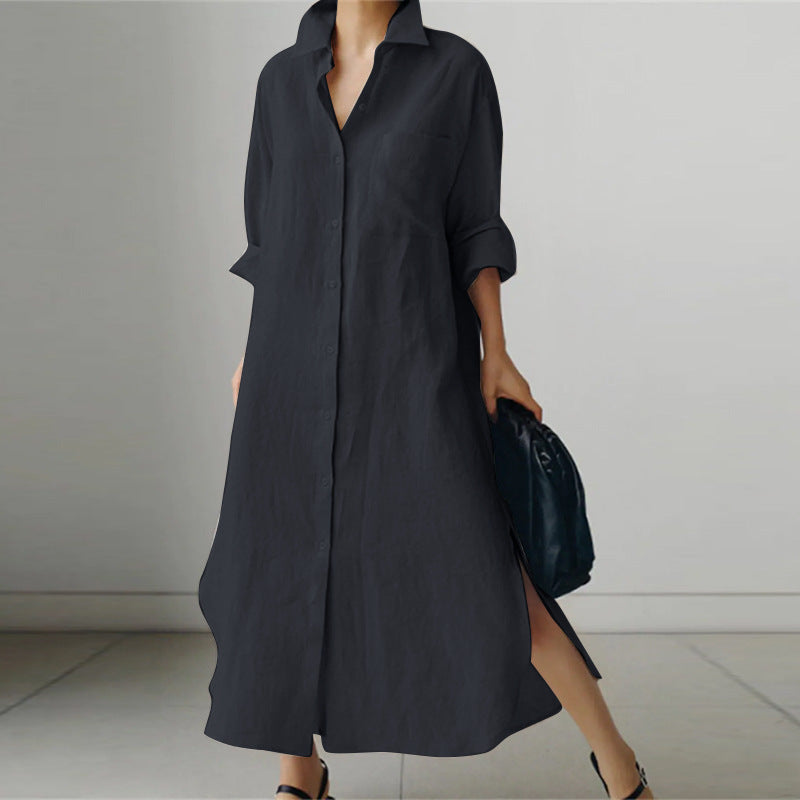 Lia | Women's Long Sleeve Split Casual Linen Maxi Dress
