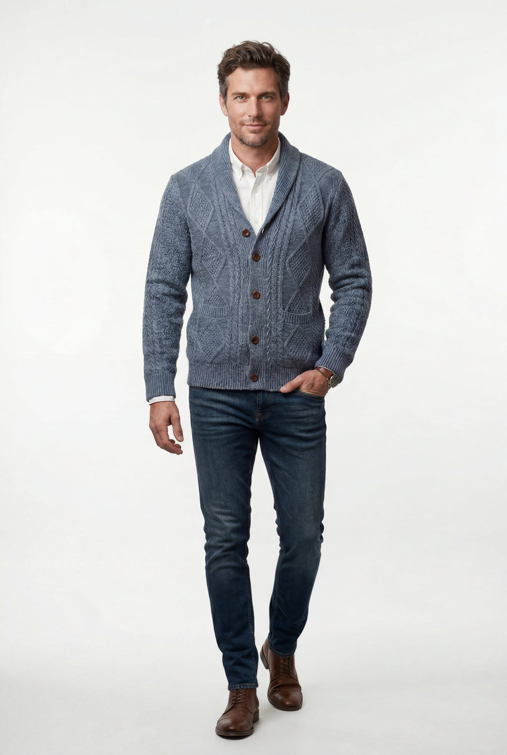 Liam | Shawl Collar Cable Button Cardigan