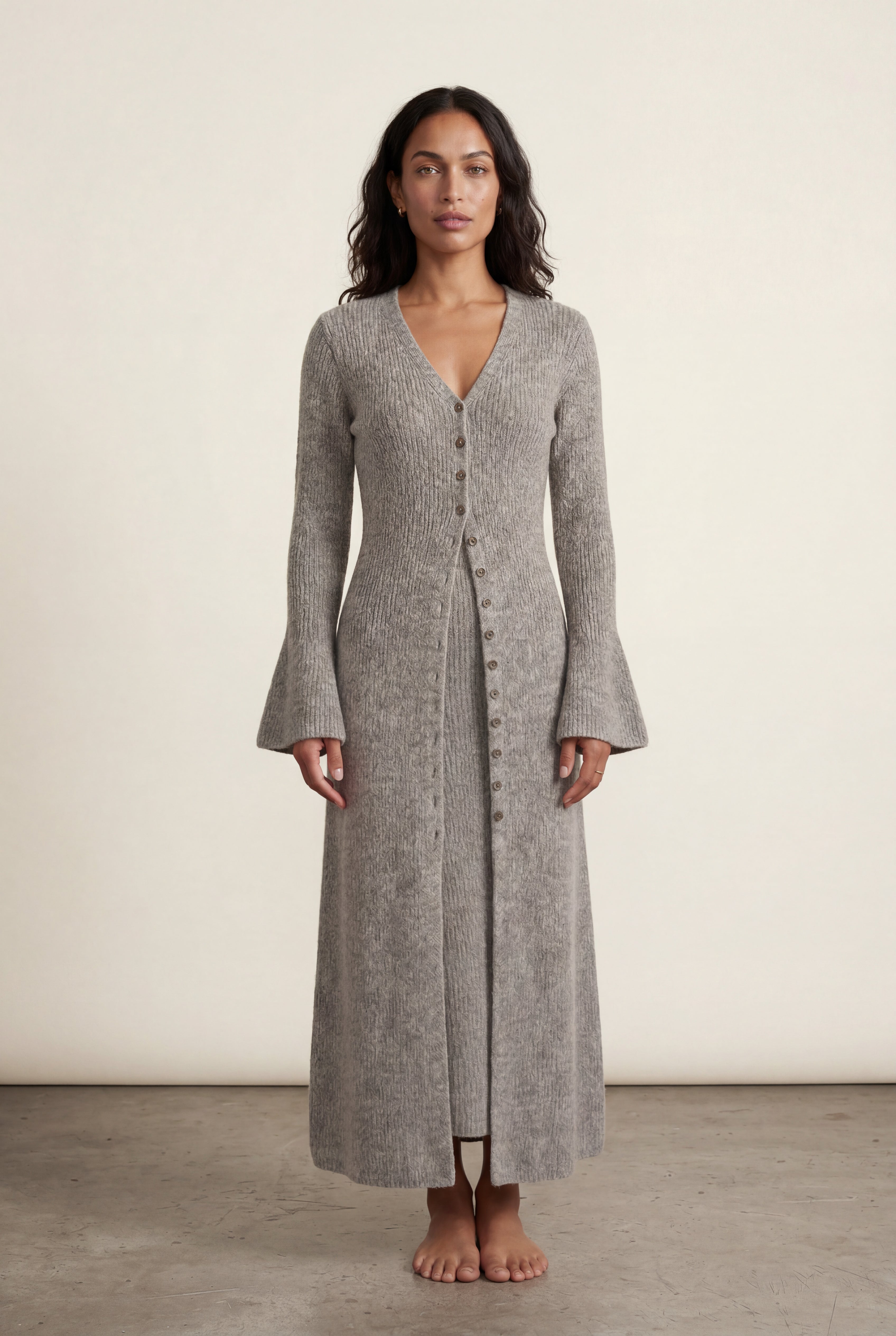 Ribbed Maxi Cardigan with Flared Sleeves | Senna