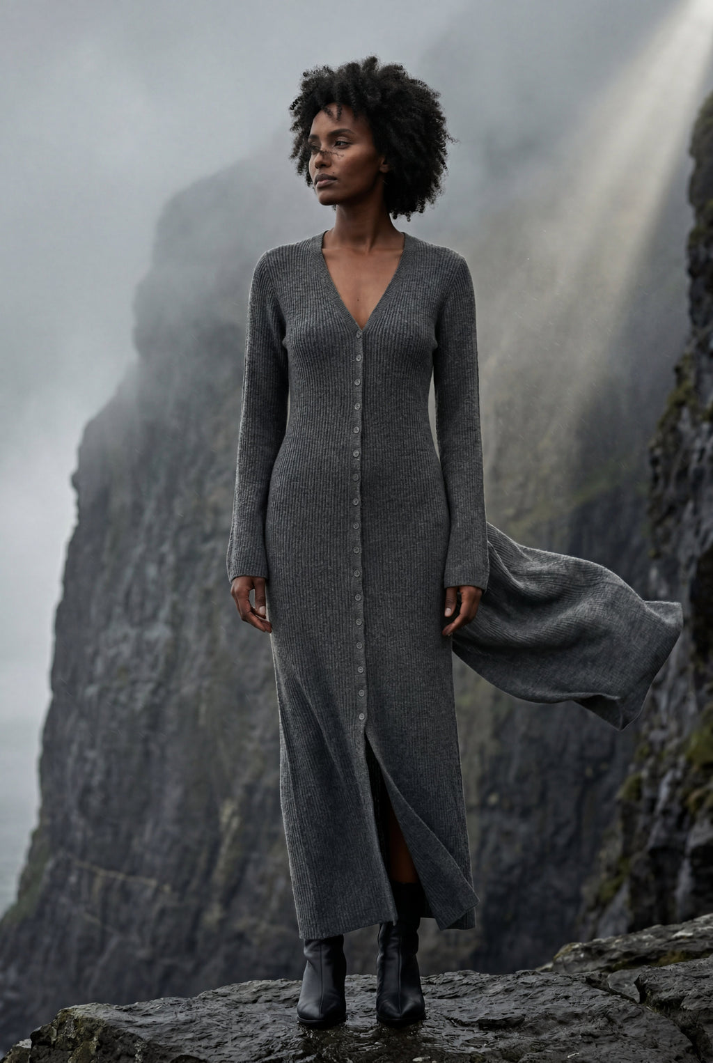 Ribbed Maxi Cardigan with Flared Sleeves | Senna