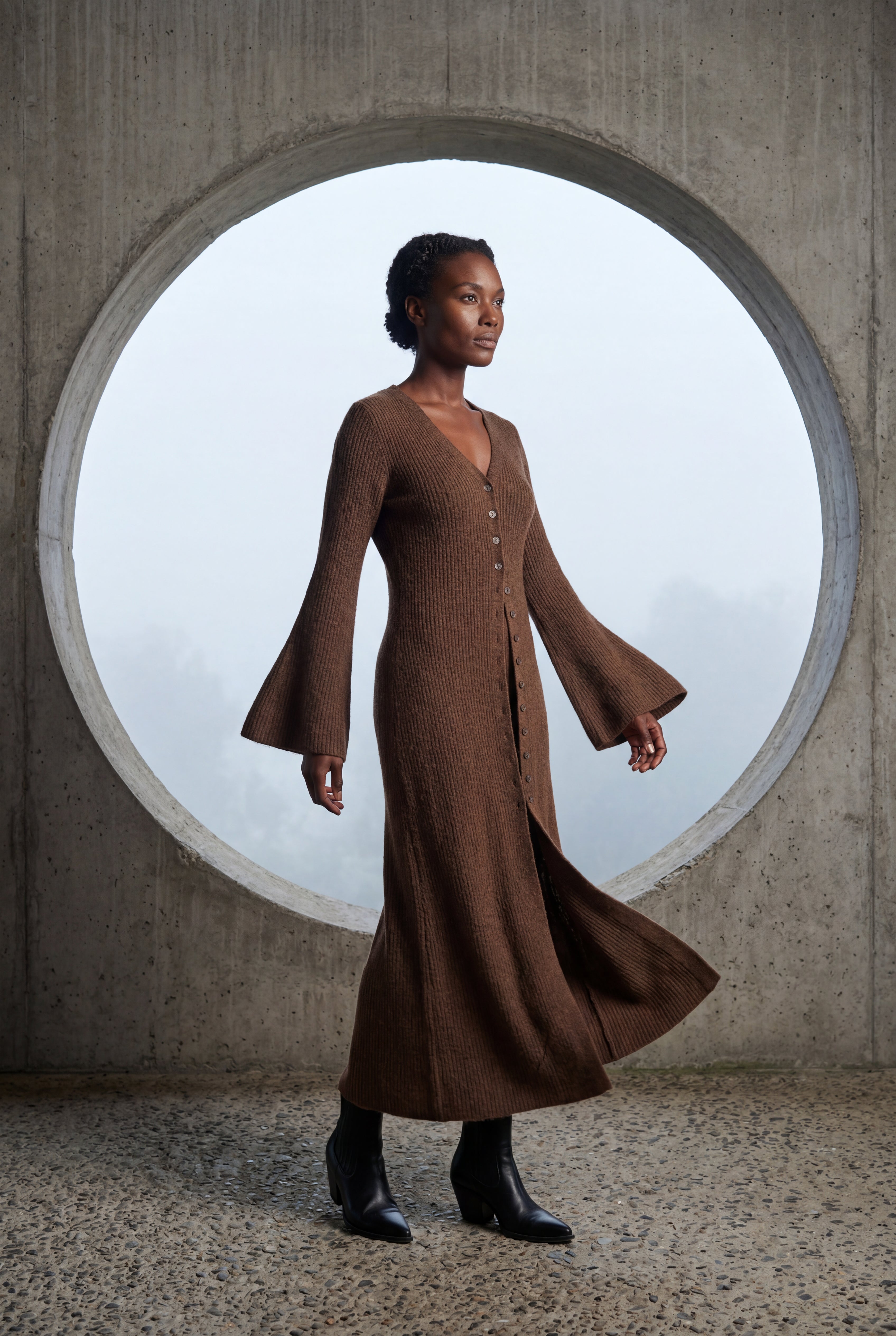 Ribbed Maxi Cardigan with Flared Sleeves | Senna