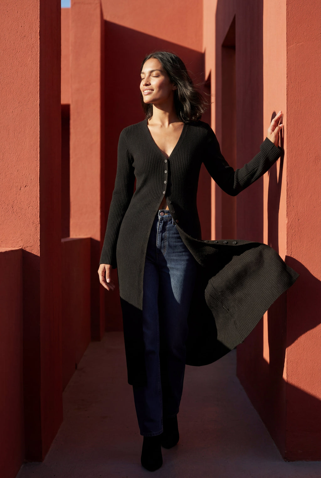 Ribbed Maxi Cardigan with Flared Sleeves | Senna