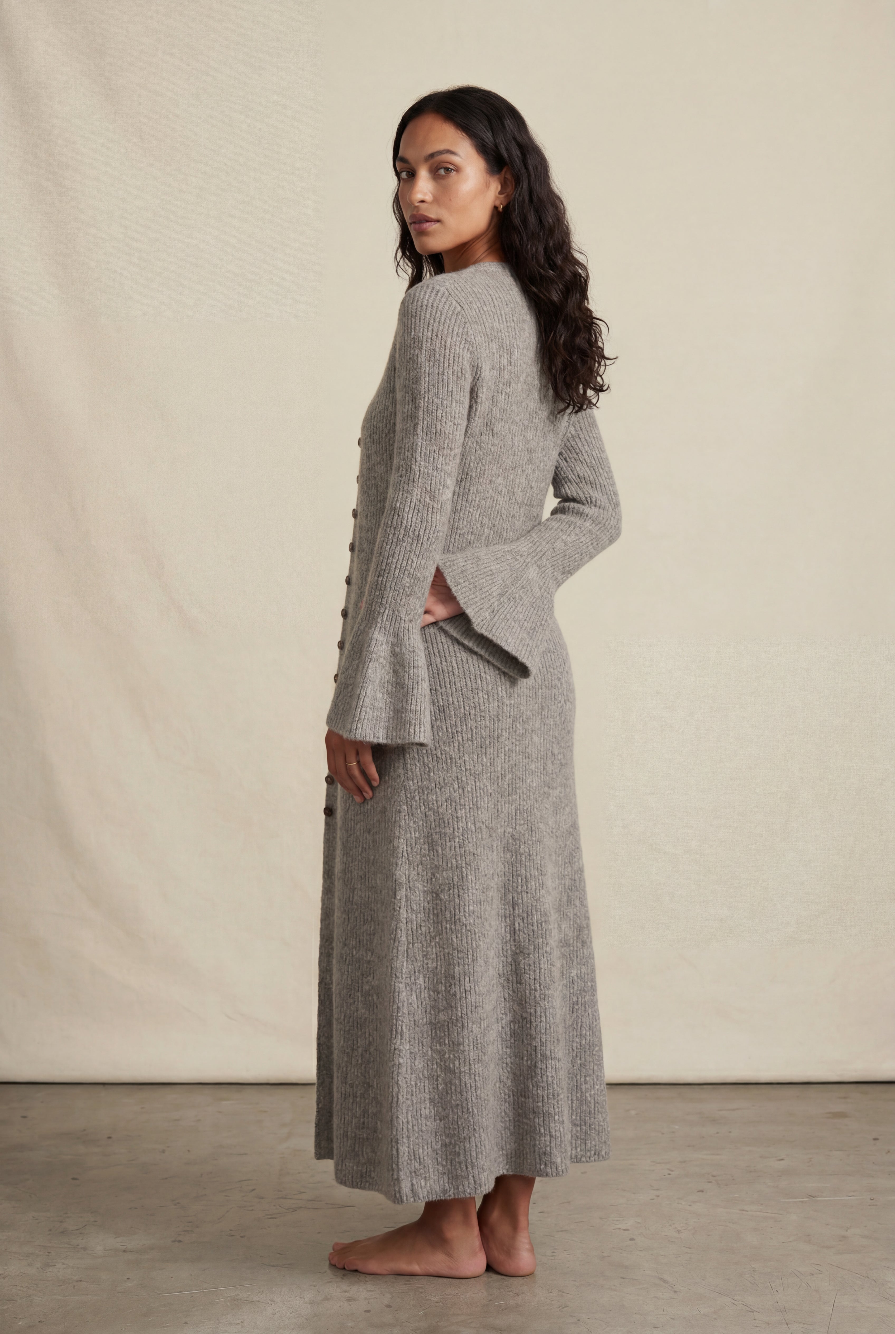 Ribbed Maxi Cardigan with Flared Sleeves | Senna