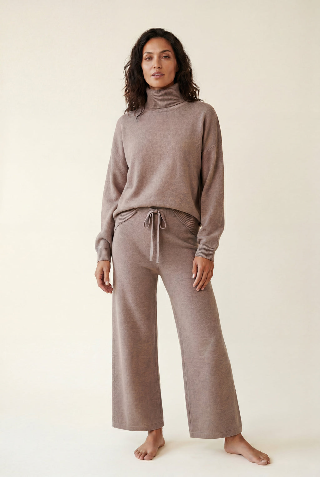Lisa | Taupe Relaxed Turtleneck Lounge Set with Wide Leg Pants